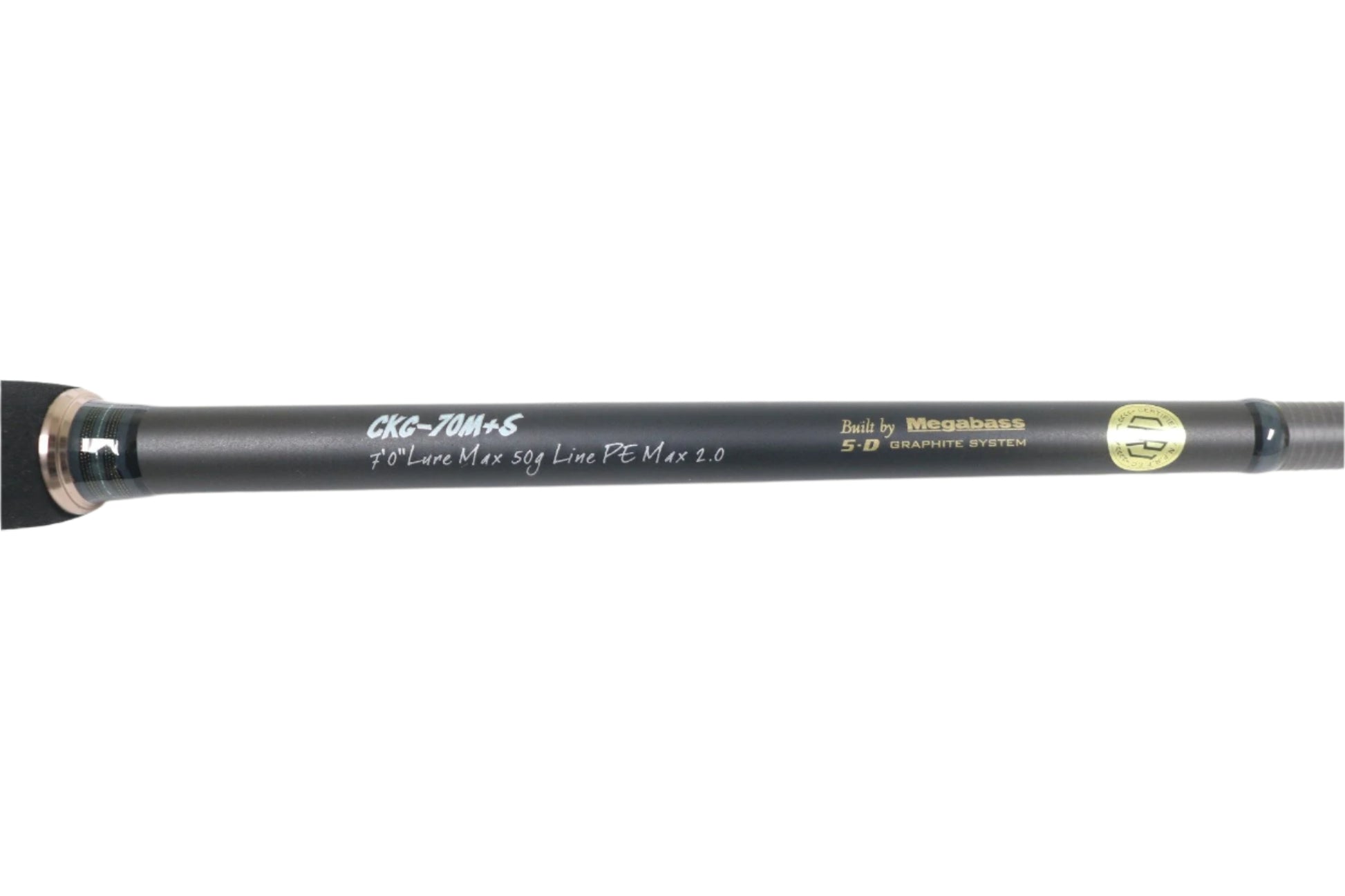 Close-up of a Megabass Cookai Gulf CKG-70M+S 7'0" spinning rod with a black handle and graphite finish. Text: "Lure Max 50g, Line PE Max 2.0" and "Built by Megabass 5D Graphite System." Perfect for our Rod and Reel Trade-In Program—upgrade your gear today! White background.