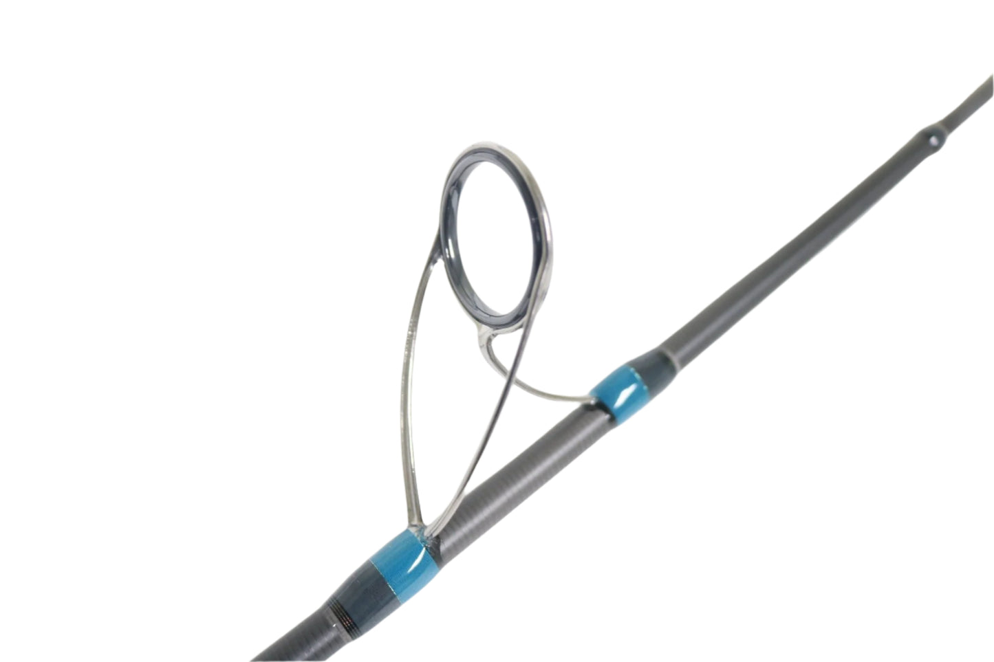 Close-up of a Megabass Cookai Gulf CKG-70M+S 7'0" spinning rod guide with a metal loop and blue-black attachments. The gray rod pops against the white background, ideal for our Rod and Reel Trade-In Program offering store credit for your used gear.