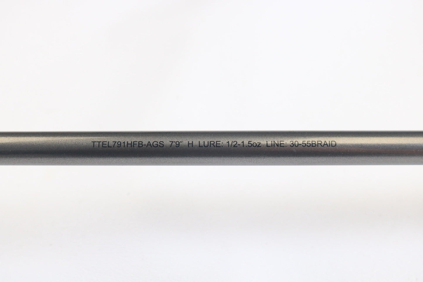 Close-up of a Daiwa Tatula Elite AGS TTEL791HFB-AGS Long Cast Frog 7'9" Heavy, showing lure (1/2–1.5oz) and line (30–55 braid) specs. Used casting rod in very good condition—perfect for trade-in or used gear buyers.