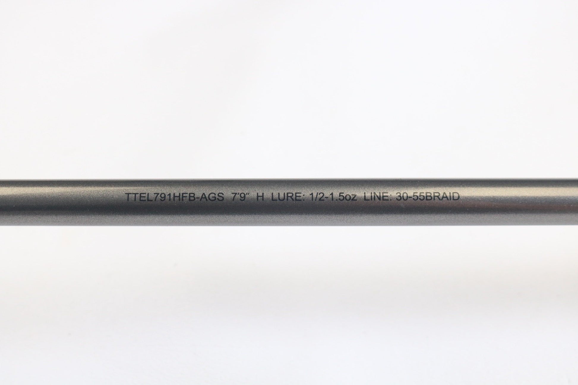 Close-up of a Daiwa Tatula Elite AGS TTEL791HFB-AGS Long Cast Frog 7'9" Heavy, showing lure (1/2–1.5oz) and line (30–55 braid) specs. Used casting rod in very good condition—perfect for trade-in or used gear buyers.