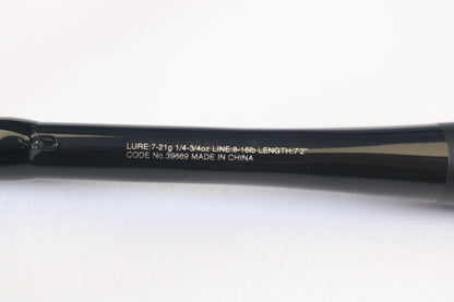 Close-up of a Shimano Zodias ZDC72MA 7'2" Medium rod with specifications: Lure 7-21g, Line 6-16lb. Features code 39669 and "Made in China." Ideal for upgrading used gear through our Rod and Reel Trade-In Program for store credit. Displayed on a white background.