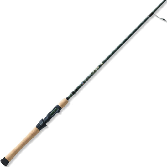 The St. Croix Legend Elite 7'0" Medium Light 2 Piece Spinning Rod | ES70MLF2 features a sleek design with a green shaft, cork handle, black reel seat and guides. Its high-modulus graphite construction offers lightweight performance, ideal for fishing enthusiasts who appreciate style and technology.