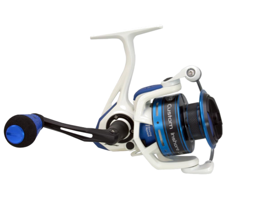 A close-up of the Lew's Custom Inshore Speed Spin 400 (CI400) spinning reel, featuring a blue and white design with a black handle and blue foam grip, ideal for inshore fishing, shown on a white background.