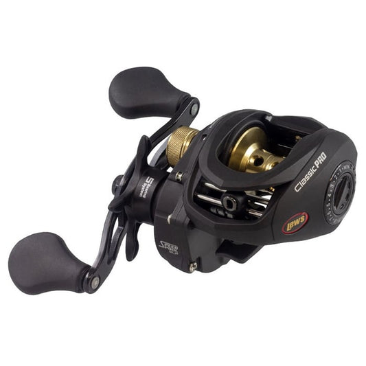 The Lew's Classic Pro Speed Spool SLP 7.5:1 Casting Reel (CP1SH) is shown in black and gold with ergonomic handles and branded "Lew's." Seen from an angled top view, it features Speed Gears for smooth casting performance.