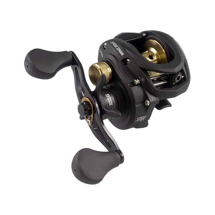 The Lew's Classic Pro Speed Spool SLP 7.5:1 Casting Reel boasts a black and gold design with Speed Gears, dual handle grips, and precision knobs for smooth line casting and retrieval.