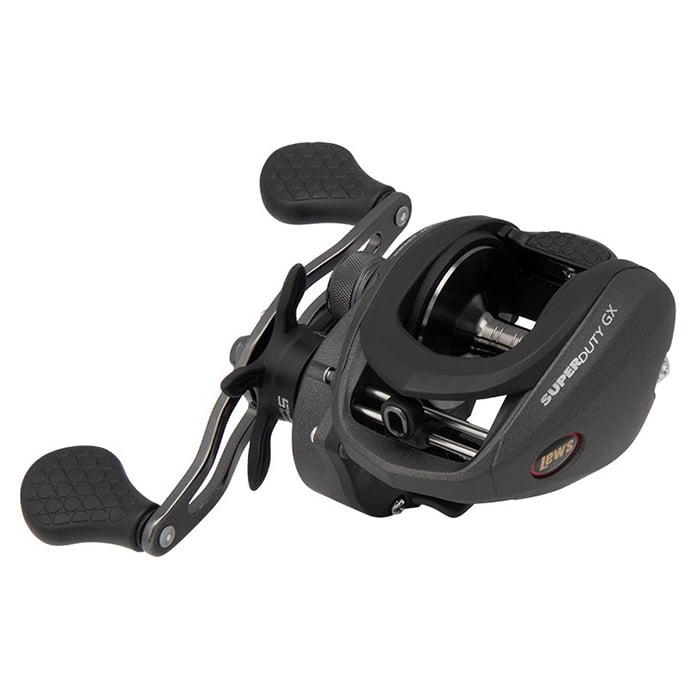 The Lew's Super Duty GX3 6.5:1 Casting Reel (SDGX3H) is a black, compact reel with dual handles, textured grips, high strength Speed Gears, and a Smart Plus™ Six Pin centrifugal braking system.