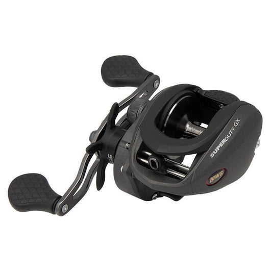 A Lew's Super Duty GX3 6.5:1 Left Hand Casting Reel (SDGX3HL) in black and gray, featuring dual ergonomic handles, a robust graphite frame, and compact design, is displayed on a white background.