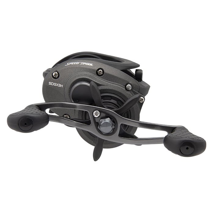 The Lew's Super Duty GX3 6.5:1 Left Hand Casting Reel (SDGX3HL) features a black and gray design with dual handles, textured grips, and a lightweight graphite frame, showcased on a white background.