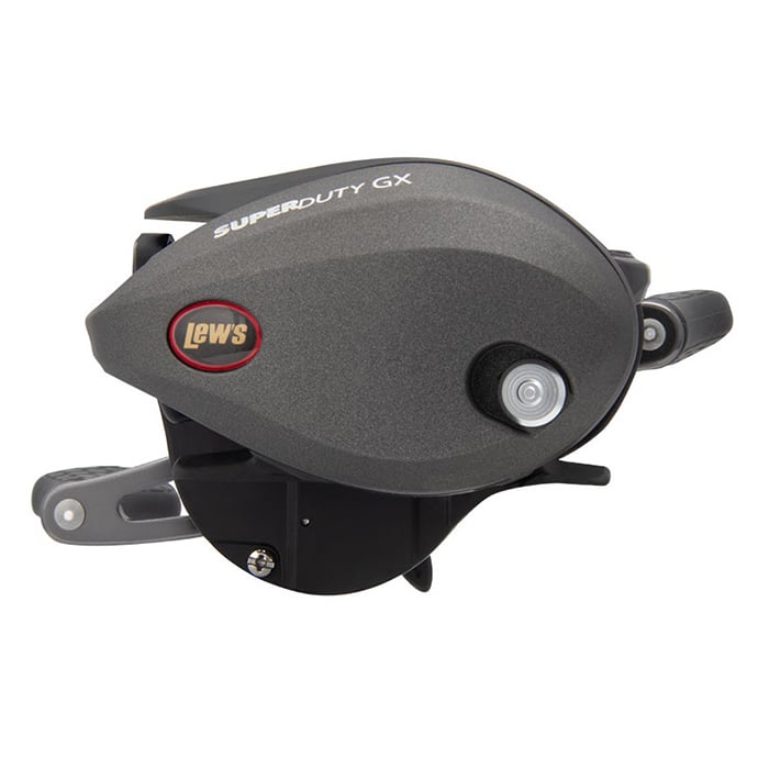 The Lew's Super Duty GX3 6.5:1 Casting Reel | SDGX3H features a sleek, compact black design, curved right handle, and durable High Strength Speed Gears for precision.