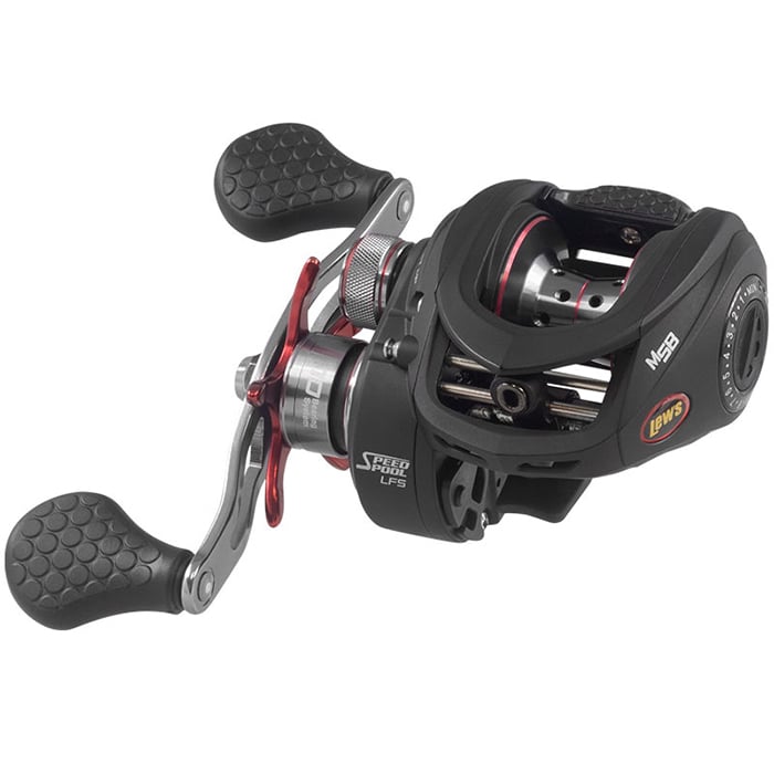 The Lew's Tournament MP LFS 5.6:1 Casting Reel (TS1SMP) features a black and silver design with red accents, textured Combat Grip handle grips, Multi-Setting Brake system, and the Lew’s logo on the side.
