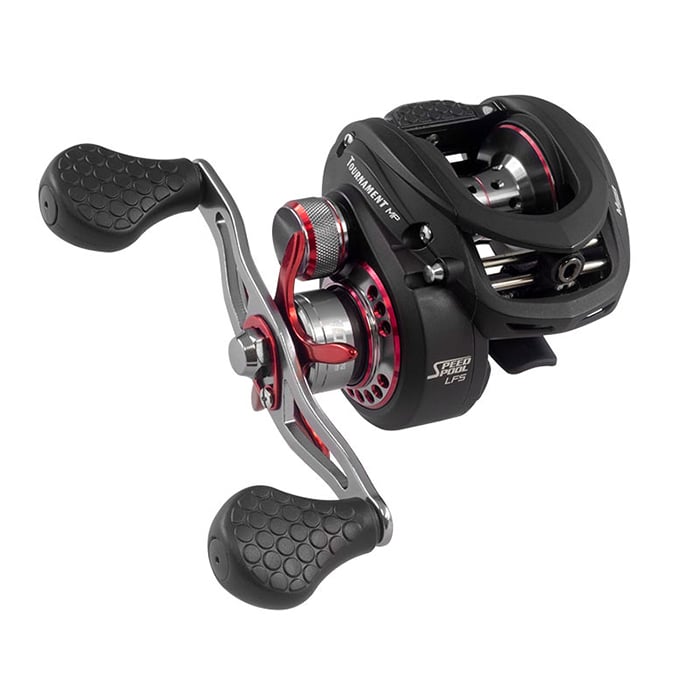 The Lew's Tournament MP LFS 8.3:1 Casting Reel (TS1XHMP) features a sleek black and red design, metallic accents, two ergonomic handles, a compact build, and a multi-setting brake for precise casting control.