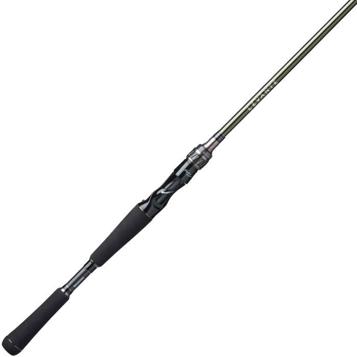 The Megabass Levante "Jerkbait Special" 6'11" Medium Casting Rod (F4.5-611LV) by Megabass is shown with a black handle, metallic reel seat, and a long, slim light green shaft against a white background.