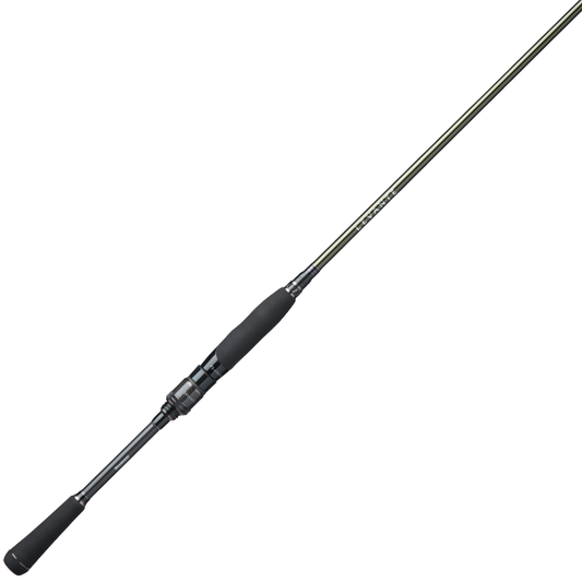 The Megabass Levante "Shakyhead" 7'0" Medium Light Spinning Rod features a black foam handle, metal reel seat, and slender tapered blank—perfect as your go-to rod for finesse techniques.