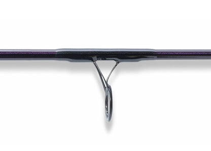 Close-up of a St. Croix Mojo Jig 6'6" Medium Spinning Rod (MJJS66MMF) guide, highlighting the ring and metallic frame on the dark, saltwater-ready rod. The plain white background emphasizes its premium St. Croix design.