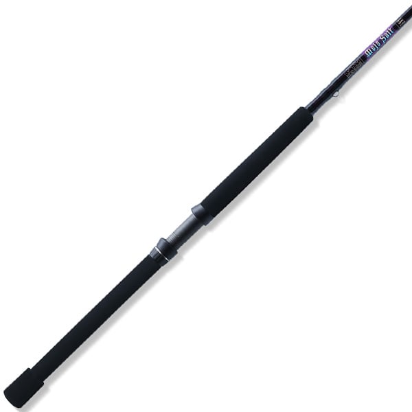 The St. Croix Mojo Salt 7'6" Heavy Conventional Rod (MSWC76HMF) features black foam grips, a central reel seat, and a sleek, lightweight design—ideal for heavy-duty boat fishing. Photographed on a white background.