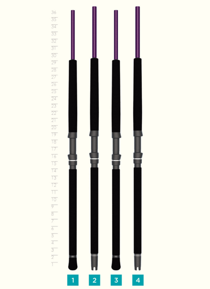 Four fishing rods, including the St. Croix Mojo Salt 7'0" Heavy Conventional Rod (MSWC70HF), stand side by side against an inch-marked height chart. Each is labeled 1-4 at the base and features black handles with purple tips. Brand: St. Croix.