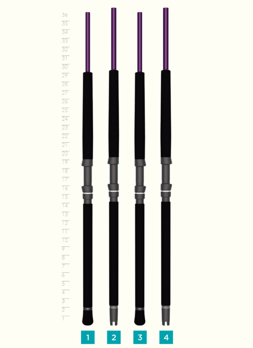 Four St. Croix Mojo Salt 8'0" Medium Heavy Conventional Rods (black and purple, SCII graphite) stand vertically by an inch height chart, each labeled 1 to 4 at the bottom. Model: MSWC80MHMF.