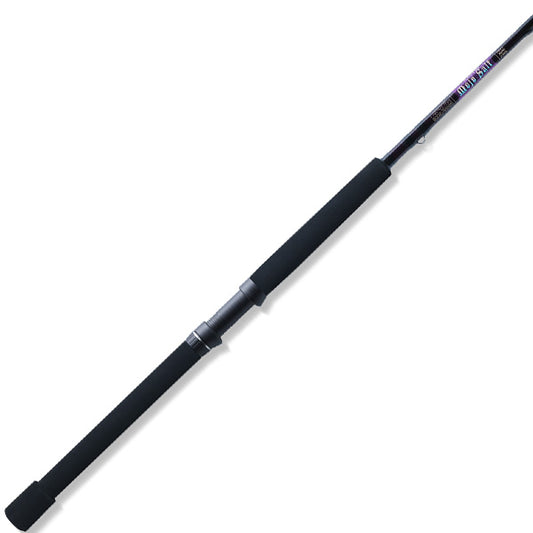 The St. Croix Mojo Salt 7'0" Medium Spinning Rod (MSWS70MF) by St. Croix, featuring foam grips and a reel seat, is displayed diagonally against a white background.