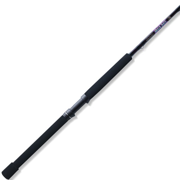 The St. Croix Mojo Salt 7'6" Medium Spinning Rod (MSWS76MF) features black foam grips, a central reel seat, and metallic accents. Its striking design stands out sharply against a plain white background.