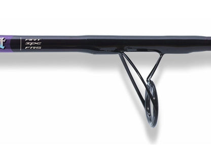 Close-up of a black St. Croix Mojo Salt 7'6" Medium Heavy Spinning Rod (MSWS76MHF) showing a line guide and part of the rod with "ART," "TPC," and "FRS" printed on it.