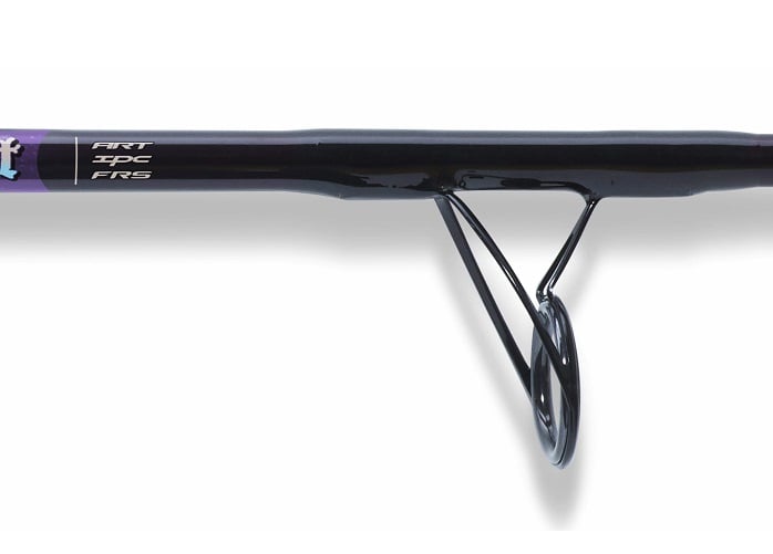 Close-up of a St. Croix Mojo Salt 8'0" Medium Heavy Spinning Rod (MSWS80MHF) showing its metal guide ring and printed details, highlighting features of this quality medium heavy spinning rod from St. Croix.