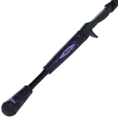 A close-up of the handle of the St. Croix Mojo Yak 7'0" Medium Casting Rod (MYC70MF) shows a textured black and purple grip with a bold purple "Mojo" label, capturing the stylish design of this St. Croix fishing rod.
