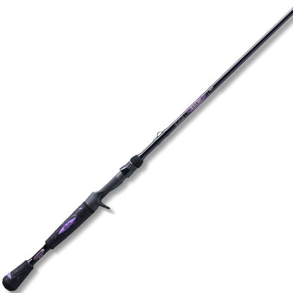 The St. Croix Mojo Yak 7'6" Medium Heavy Casting Rod (MYC76MHF) features a sleek black design with purple accents, a comfortable textured handle, and trigger grip—ideal for kayak fishing enthusiasts.