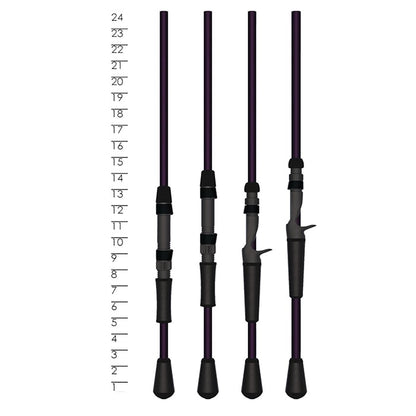 Four St. Croix Mojo Yak 7'6" Medium Heavy Casting Rod handles (MYC76MHF) are shown vertically by a 5–24 height scale. Each has a purple shaft and black grips with unique designs, ideal for kayak or medium heavy casting rods.