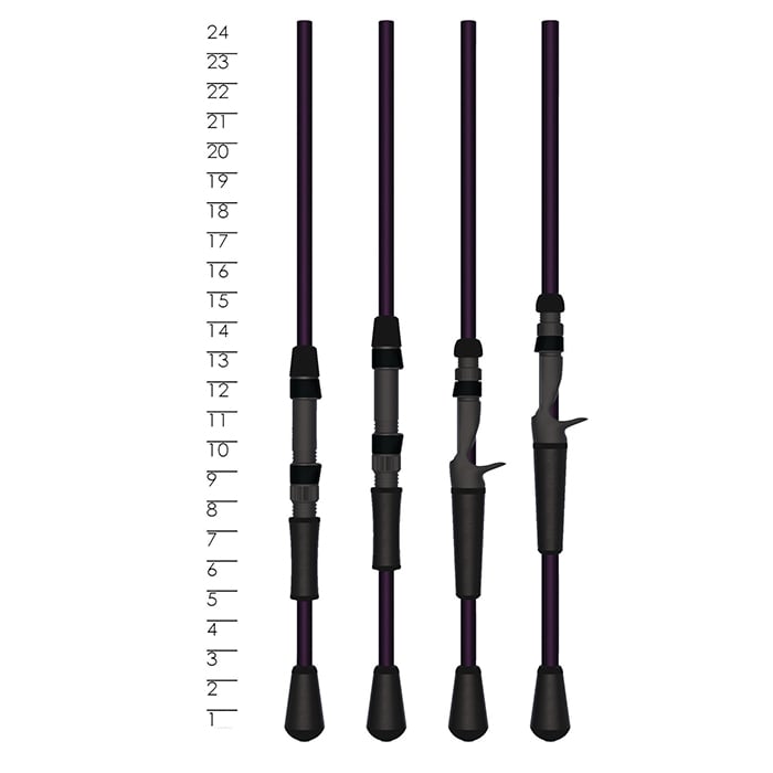 Four fishing rods with black handles, including the St. Croix Mojo Yak 7'0" Medium Light Spinning Rod, are shown upright beside a vertical scale marked from 0 to 24 to display their different lengths.