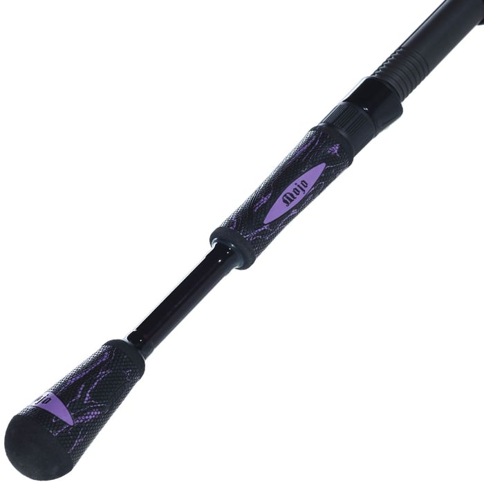 Close-up of the St. Croix Mojo Yak 7'0" Medium Light Spinning Rod (MYS70MLF) handle, featuring black and purple textured, ergonomic grip sections labeled “Mojo”—crafted by St. Croix for sturdy performance when kayak fishing.
