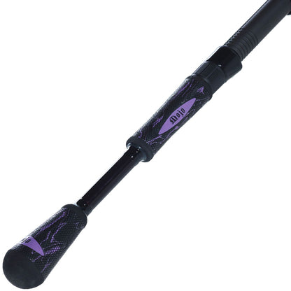 A close-up of the St. Croix Mojo Yak 7'6" Medium Heavy Spinning Rod (MYS76MHF) shows its textured black handle with purple accents and "Mojo" branding, designed specifically for kayak fishing.