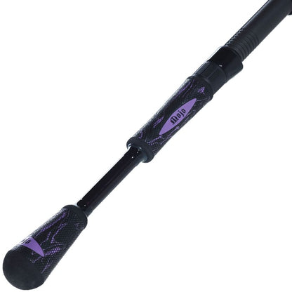 A close-up of the St. Croix Mojo Yak 7'6" Medium Spinning Rod (MYS76MF) handle, featuring a black and purple textured grip with "Mojo" written on it.
