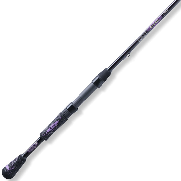 The St. Croix Mojo Yak 7'0" Medium Spinning Rod (MYS70MF) features a black and purple design with a textured handle, black reel seat, and subtle purple accents—ideal for kayak fishing. Shown on a white background.