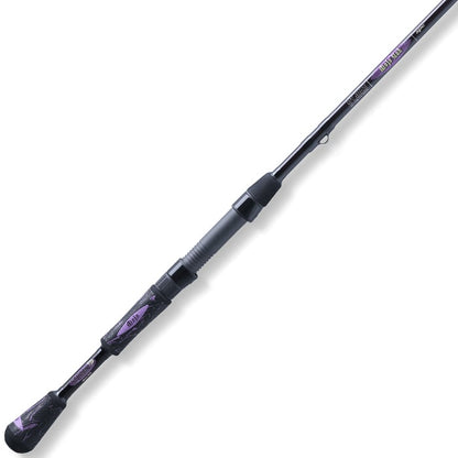 The St. Croix Mojo Yak 7'6" Medium Light Spinning Rod (MYS76MLF) is displayed diagonally on a white background, showcasing its black and purple design, textured grip, lightweight build, and St. Croix branding near the handle.