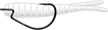The Owner Jungle Wide Gap Flipping Hook by Owner is displayed in black, positioned before a faint gray segmented worm graphic to demonstrate how to rig the hook for fishing.