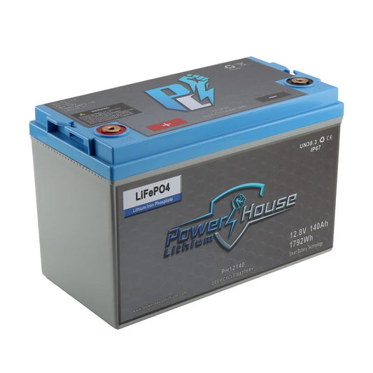 The Powerhouse Lithium Deep Cycle Battery 12V 140AH features a rectangular blue and gray casing with top-mounted positive and negative terminals.