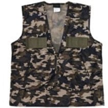 The americanlegacyfishing Reliable Game Vest w/Game Bag Brown Camo Xlarge is a sleeveless vest with two chest pockets in green, brown, and black camo, ideal for outdoor or military use and shown on a white background.