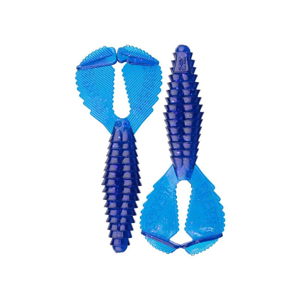 Two blue Reaction Innovations Spicy Beaver 4.0 textured plastic lures with ribbed bodies and large flat tails, ideal as swim jig trailers or punching bait, are displayed side by side on a white background.
