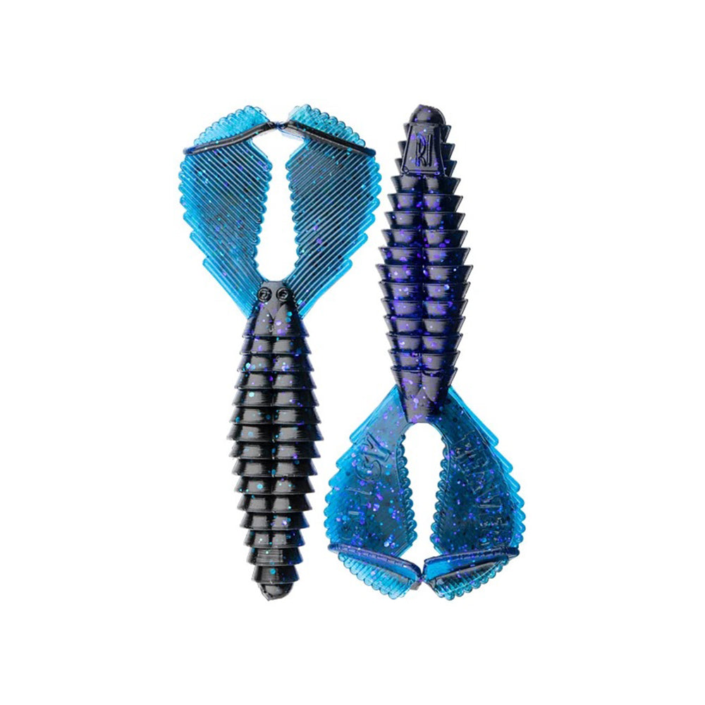 Two Reaction Innovations Spicy Beaver 4.0 soft plastic lures from Reaction Innovations, featuring ribbed black bodies and blue textured pincers, ideal as swim jig trailers or punching bait, are shown side by side on a white background.