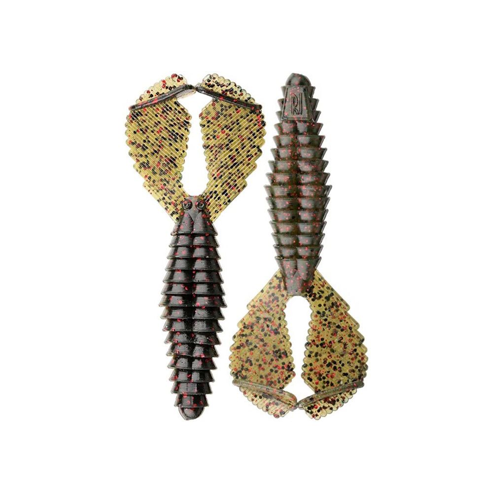 Two Reaction Innovations Spicy Beaver 4.0 lures by Reaction Innovations, featuring ribbed bodies, wide textured claws, and a greenish-yellow color with red and black speckles. Perfect for swim jig trailers or punching bait. Shown side by side on white background.