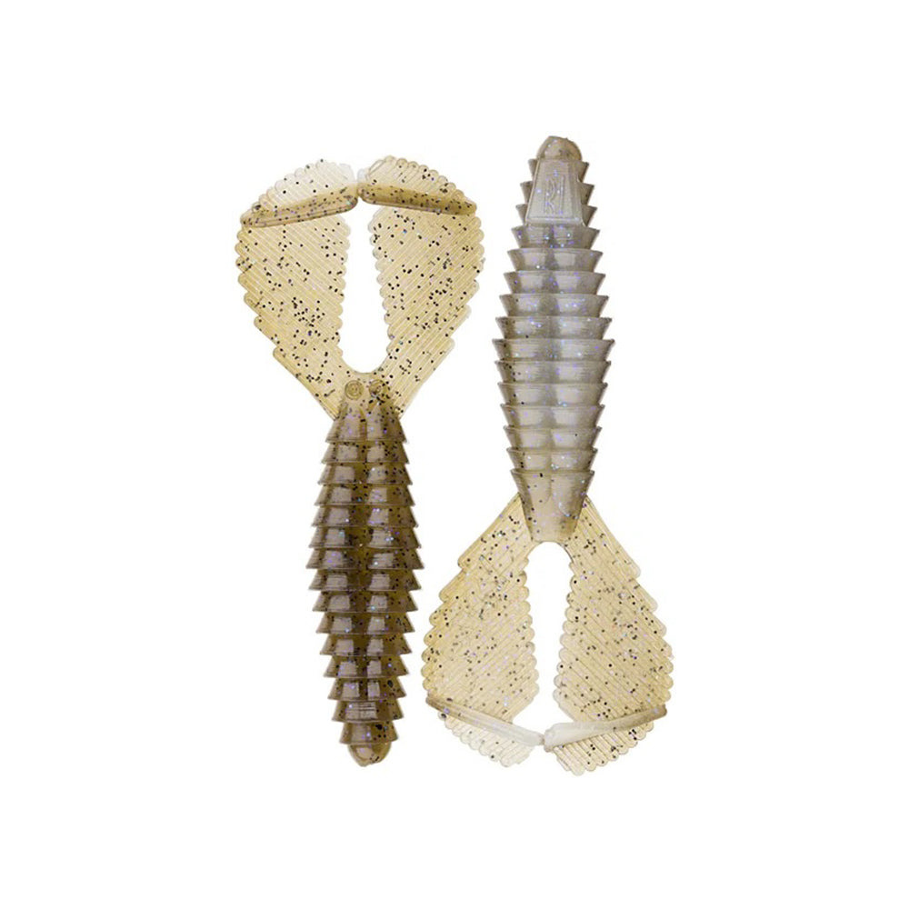 Two Reaction Innovations Spicy Beaver 4.0 lures with ribbed, speckled translucent bodies and wide paddle tails are shown side by side on a white background—perfect as swim jig trailers or for punching.