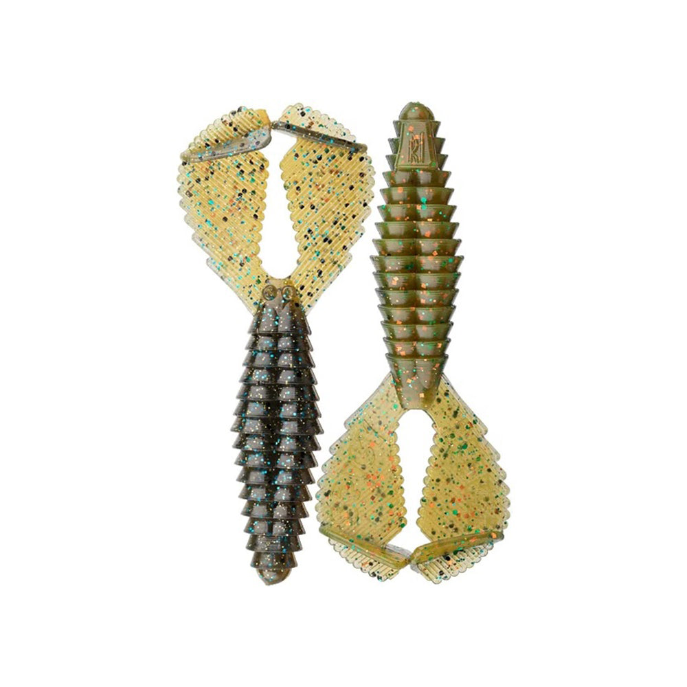 Two Reaction Innovations Spicy Beaver 4.0 soft plastic lures feature ribbed bodies, wide textured claws, and a greenish-yellow color with blue, orange, and black glitter—perfect as swim jig trailers or for punching.