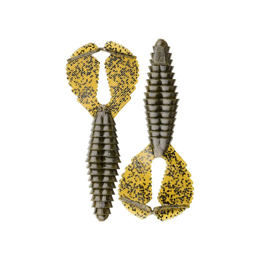 Two Reaction Innovations Spicy Beaver 4.0 lures from Reaction Innovations feature ribbed brown bodies and large, flat, yellow flaps with black spots—ideal as swim jig trailers or punching bait—displayed side by side on a white background.