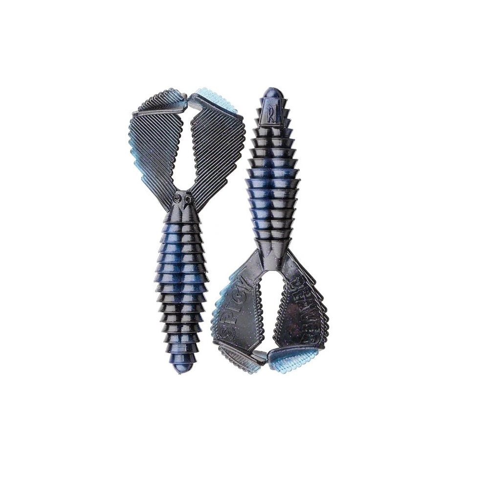 Two Reaction Innovations Spicy Beaver 4.0 lures in blue and black, featuring ribbed bodies and wide textured tails, are displayed side by side on a white background—ideal as punching bait or a swim jig trailer.