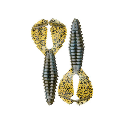 Two Reaction Innovations Spicy Beaver 4.0 soft plastic fishing lures in green and yellow with black speckles, featuring ribbed segmented bodies and wide paddle tails, are displayed side by side on a white background.