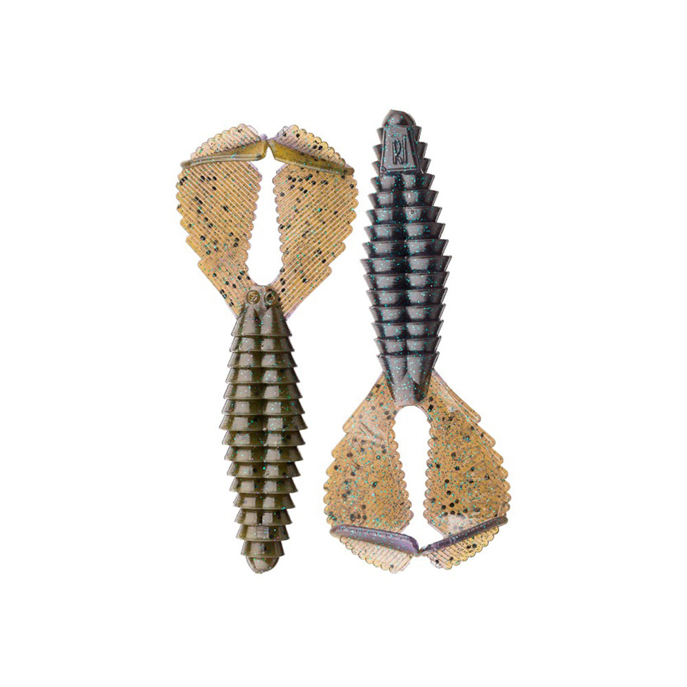 Two Reaction Innovations Spicy Beaver 4.0 soft plastics from Reaction Innovations are shown side by side on a white background, featuring ribbed bodies and wide textured claws in olive green, tan, and blue-speckled hues—ideal swim jig trailers or punching bait.