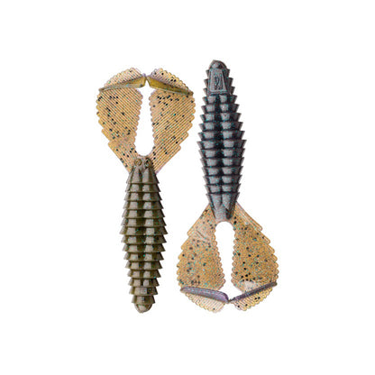 Two Reaction Innovations Spicy Beaver 4.0 soft plastics from Reaction Innovations are shown side by side on a white background, featuring ribbed bodies and wide textured claws in olive green, tan, and blue-speckled hues—ideal swim jig trailers or punching bait.