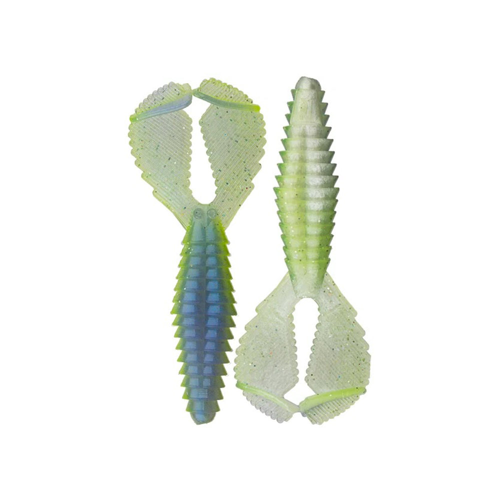 Two Reaction Innovations Spicy Beaver 4.0 soft plastic lures feature blue-green or glittery light green ribbed bodies with paddle-shaped appendages and textured surfaces, ideal for use as swim jig trailers or punching bait.