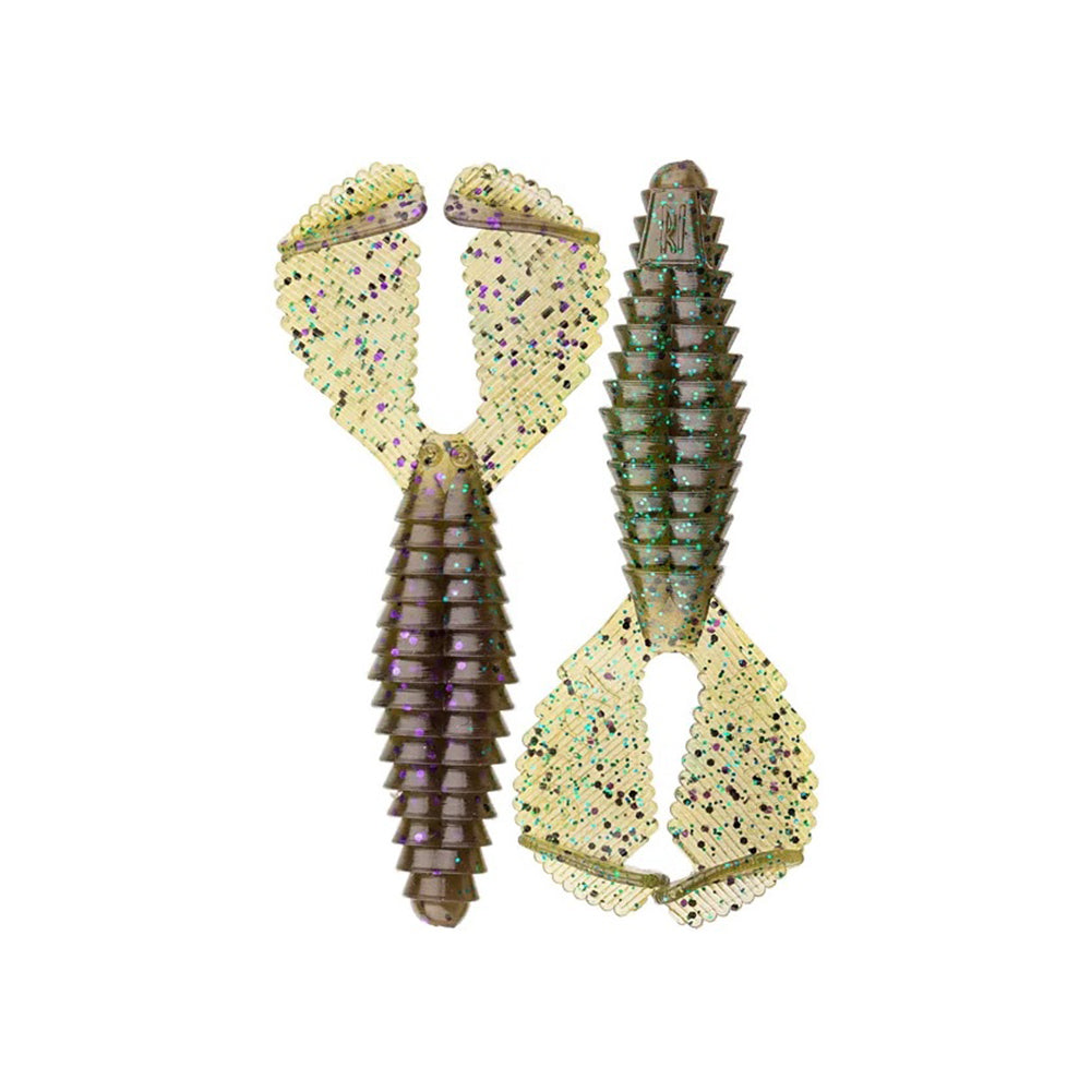 Two Reaction Innovations Spicy Beaver 4.0 soft plastic lures with ribbed bodies and wide, textured claws; brown and yellow with green and purple glitter—ideal as punching bait or swim jig trailers, shown from top and side views on white background.