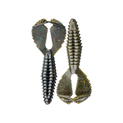 Two Reaction Innovations Spicy Beaver 4.0 soft plastic lures feature ribbed bodies and wide, textured claws—perfect as swim jig trailers or punching bait—displayed side by side against a white background.